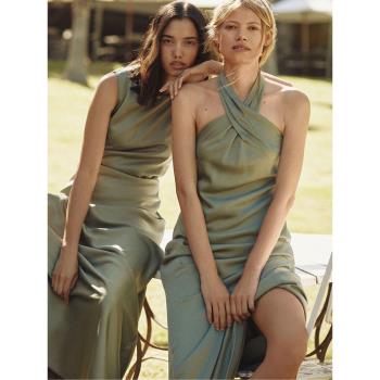 伴娘服年會禮服絲滑緞面高階感小眾橄欖綠色2024新款女bridesmaid