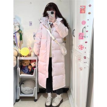 粉色羽絨服中長款棉服女2024新款冬季韓版寬松小個子加厚棉襖外套
