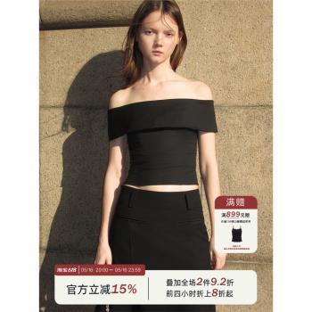 ANTIFORM背構 設計款復古一字肩上衣夏翻領露肩T一字領上衣高定