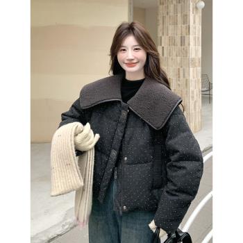 灰色羊羔毛翻領鑲鉆短款羽絨服女冬季高階感超好看加厚白鴨絨外套