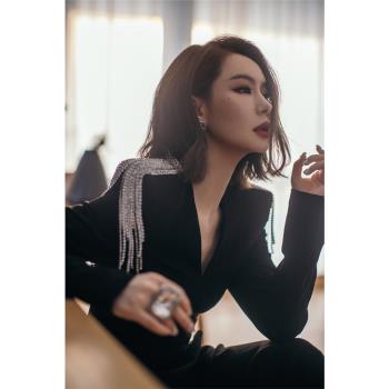 小眾聚會宴會長袖顯瘦黑色禮服