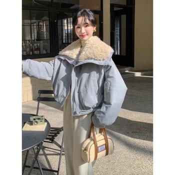 藍色羊羔毛大翻領短款羽絨服女冬季韓系減齡超好看加厚白鴨絨外套