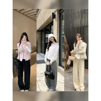 77store 羊毛天絲休閑闊腿褲女2024冬季新款高腰加絨加厚直筒長褲