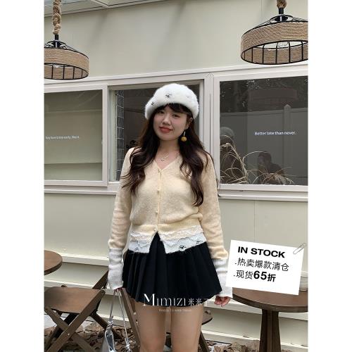 米米子微胖大碼胖mm“奶霜舒芙蕾”時尚拼接奶黃針織毛衣初秋新款