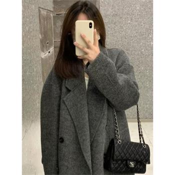 高階感黑灰色雙面羊絨大衣女2024冬裝小個子加厚羽絨內膽毛呢外套
