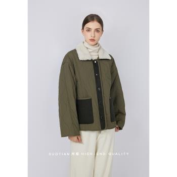 suotian所甜軍綠色毛領壓線拼接羽絨服女2024冬季新款白鴨絨外套