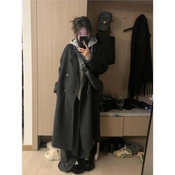 深灰高個子羊絨毛呢外套大衣女秋冬裝高級感雙面呢子加長款到腳踝