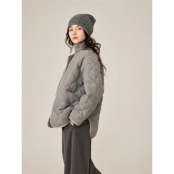 100%羊毛羽絨服女落肩袖菱形格圓領鵝絨外套保暖2024年冬季新款