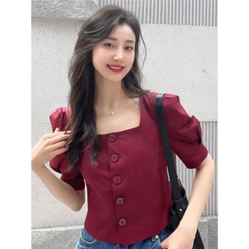 阿詩瑪2025夏季新款質顯瘦高級感上衣方領泡泡袖短袖襯衫1300683