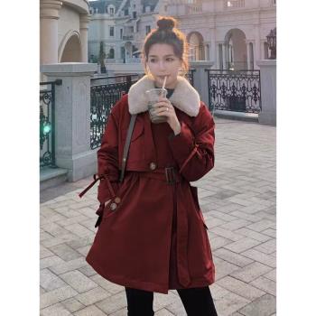 紅色韓版中長款加絨寬松外套棉服