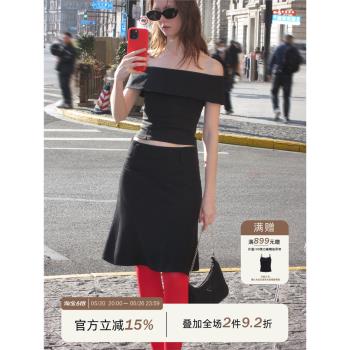 ANTIFORM 設計款高定復古翻領露肩一字領T層次一字肩上衣女夏季
