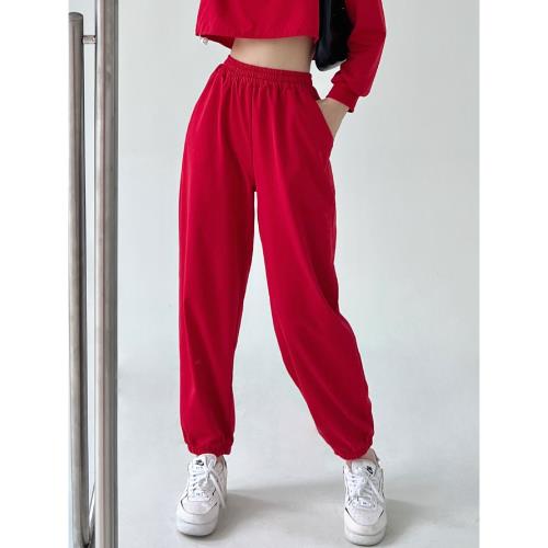 大紅色褲子衛褲女2025新款紅色運動女褲春秋款小個子束腳休閑跳舞