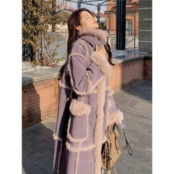 紫色皮毛一體外套女中長款冬保暖加厚毛絨絨羊羔毛甜酷麂皮絨大衣