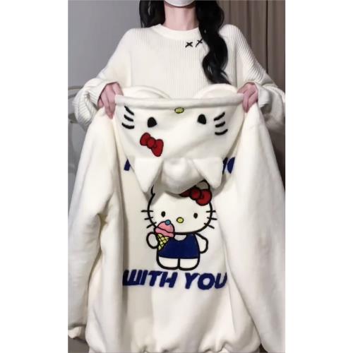 凱蒂貓可愛耳朵蝴蝶結羊羔毛棉衣女冬季加厚甜美軟妹寬松棉服外套