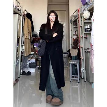 高個子羊絨黑色毛呢正肩加長款西裝170外套女赫本風超長款大衣175