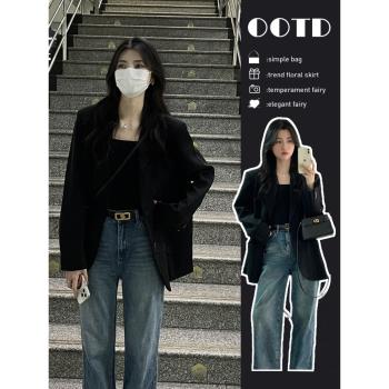 oversize黑色西裝外套女小個子2024秋季新款韓版休閑寬松廓形西服