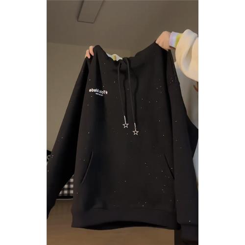 美式復古星星燙金衛衣女春秋季寬松加絨設計感小眾休閑百搭上衣潮