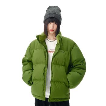 綠色短款羽絨服女2024年新款小個子寬松立領情侶冬外套麵包服加厚