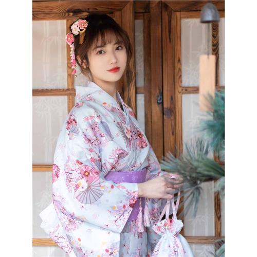 日式和風浴衣文藝藍色桃花祈愿兔可愛少女日系改良和服約拍寫真服