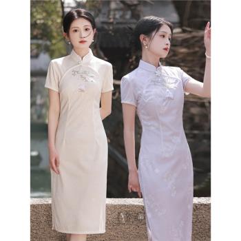 唐璽2023春夏紫色蕾絲刺繡玉兔少女修身顯瘦中長款改良旗袍連衣裙
