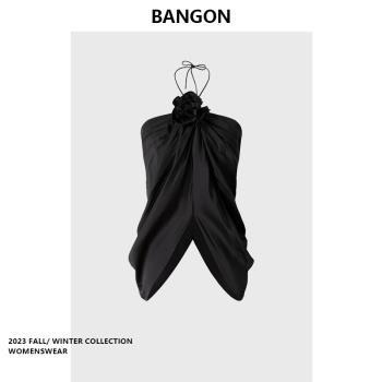BANGON 黑色掛脖背心氣質辣妹風2025年夏季新款小眾設計吊帶上衣