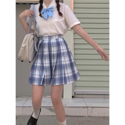 sasatou莎莎糖|藍色JK短裙百褶裙半身裙a字格子顯瘦第二件半價