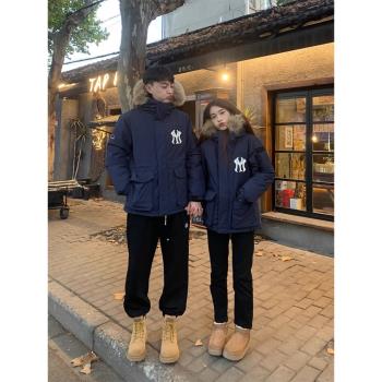 NY連帽羽絨服外套女2024新款冬季大毛領加厚保暖網紅情侶派克服男