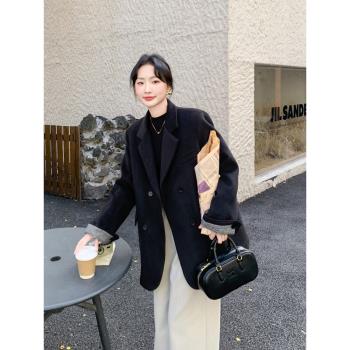 黑色顯瘦氣質白鴨絨羽絨呢子外套女冬新款小個子加厚短款西裝毛呢