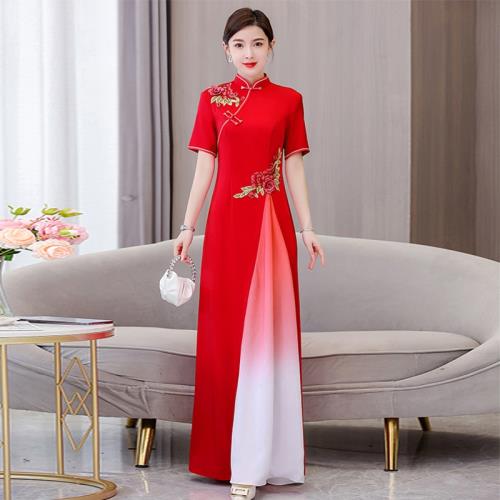 中國風改良旗袍奧黛連衣裙年輕款高端氣質長款走秀演出服禮儀服裝
