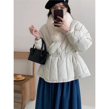 羽絨服女2024冬季新款韓系設計感狐貍毛圍脖收腰款小個子短款外套