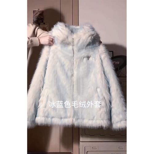 漸變色可愛兔子耳朵羊羔毛連帽外套女冬季高級感加厚保暖棉衣棉襖