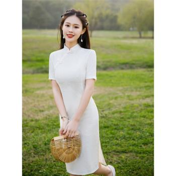 琳湘漫素雅純色蕾絲少女改良旗袍夏季復古民國風中長款顯瘦連衣裙
