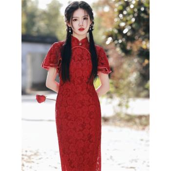 蘇錦春夏紅色飛飛袖蕾絲中長款圓襟改良旗袍少女優雅顯瘦連衣裙