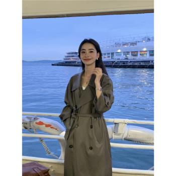 pusumede中長款翻領系帶風衣外套