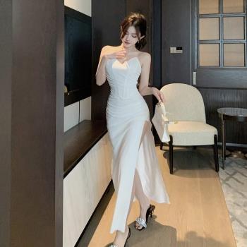 歐美裙子性感V領連衣裙女大碼高階感時尚開叉禮服長裙
