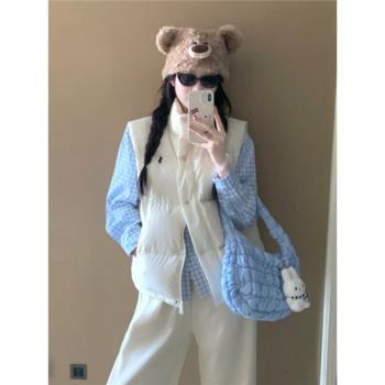 奶杏色羽絨棉服馬甲女秋冬外套2024新款加厚保暖寬松短款坎肩背心