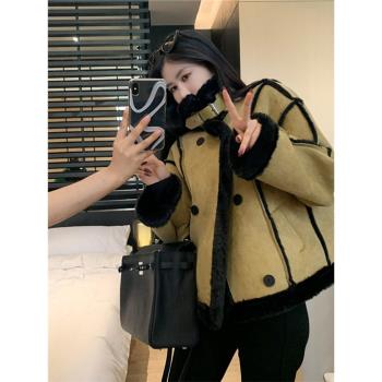 羊羔毛加絨加厚機車外套女冬季2025新款立領拼接皮毛一體寬松上衣