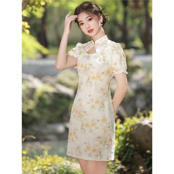 蘇尚夏季復古甜美清新改良日常短款少女旗袍滌棉提花顯瘦連衣裙