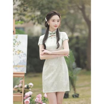 羅蘭2024新款改良中國風年輕款氣質優雅短款蕾絲顯瘦旗袍連衣裙