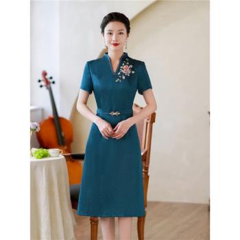 桃源2024夏秋新款中式高階刺繡醋酸中長喜婆婆顯瘦媽媽旗袍禮服裙