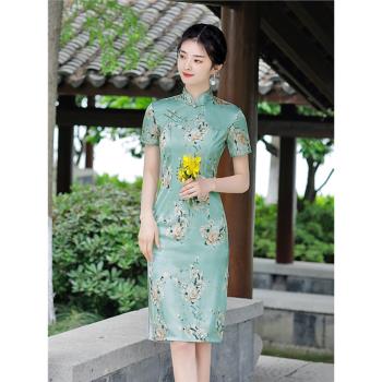 名麗2023新款夏季年輕款氣質修身綠色國風雪紡改良日常老上海旗袍