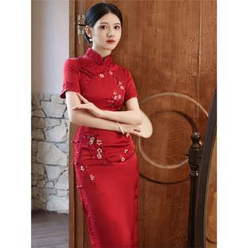 佳悅2024春秋新款仿醋酸重工刺繡八扣雙層紅色旗袍中長顯瘦連衣裙