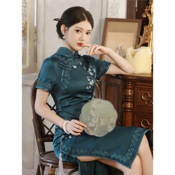 佳悅2024春秋新款醋酸重工刺繡八扣雙層中長款改良旗袍顯瘦連衣裙