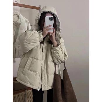 米色韓系連帽短款羽絨服女小個子2024冬季新款白鴨絨加厚保暖外套