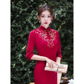 何旗秋冬新中式七分袖高階喜婆婆婚宴紅色旗袍中長款敬酒顯瘦禮服