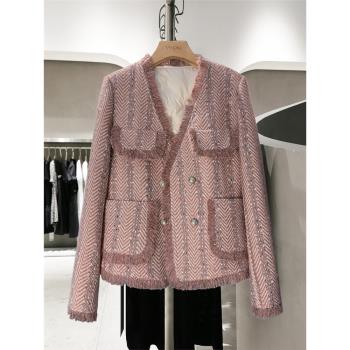 外套韓系秋冬新款粉色小香風短款上衣溫柔高階感2023羽絨服厚女裝