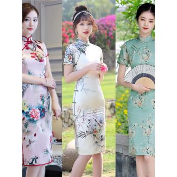 名麗夏季中長款雙層絲綢改良顯瘦印花旗袍新中式氣質優雅女連衣裙