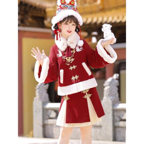 新年兔原創漢服女過年漢元素紅色襖裙古裝改良日常拜年加厚套裝冬