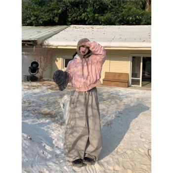 0918很秀粉色設計感羊羔絨棒球外套棉服女美式復古加厚保暖夾克冬