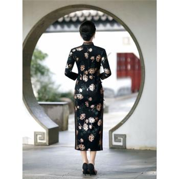 旗貞秋冬季新款中國風修身復古高階媽媽裝長款長袖日常改良旗袍裙